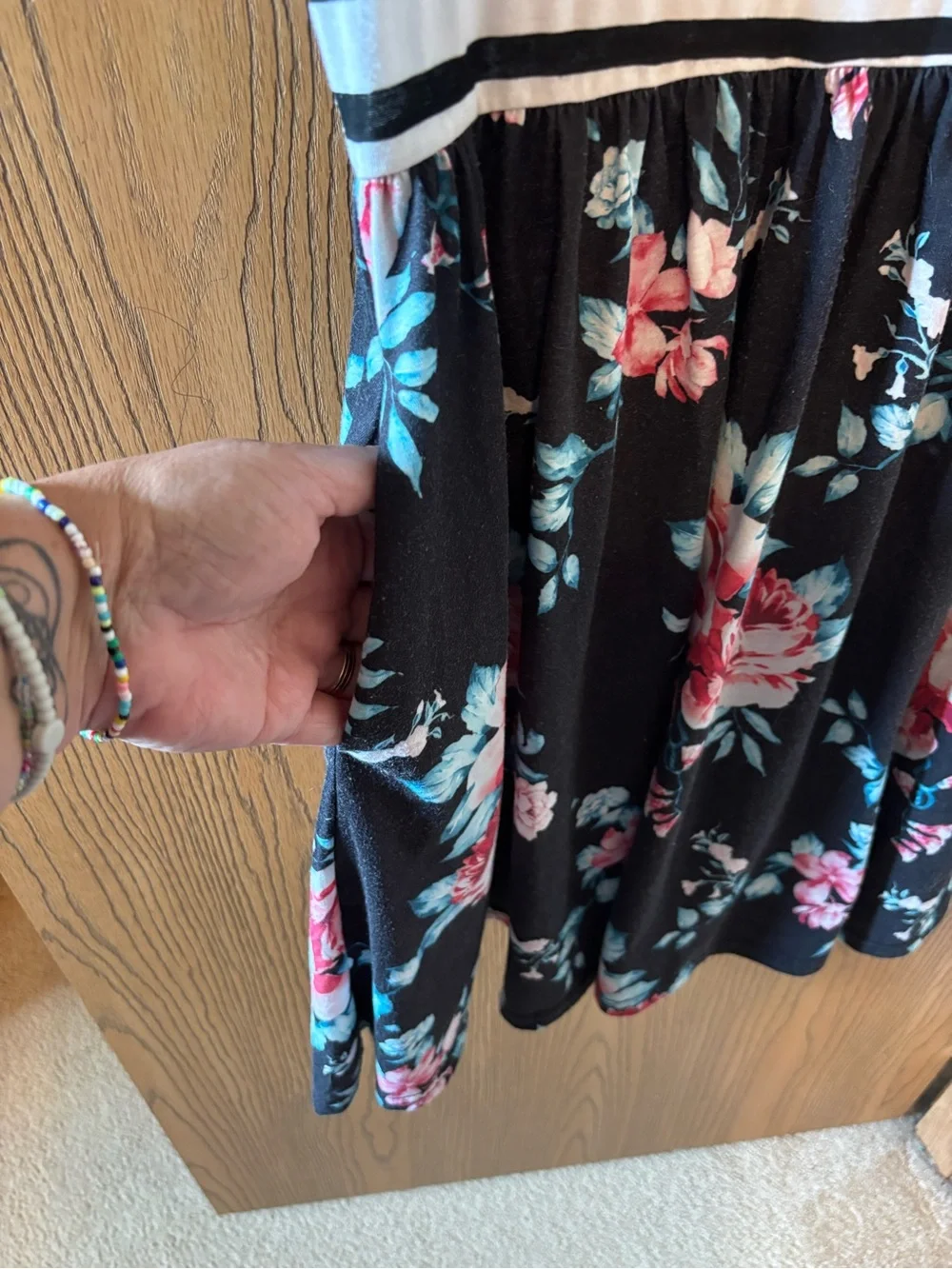 Black & White Striped Top - Floral Skirt - Casual Pocket Dress